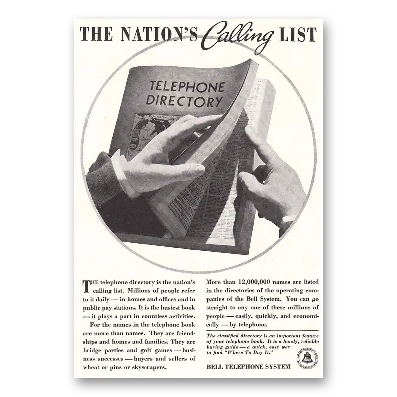 1936 Bell Telephone Nations Calling List Vintage Magazine Print Ad