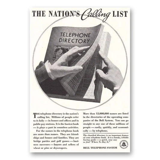 1936 Bell Telephone Nations Calling List Vintage Magazine Print Ad