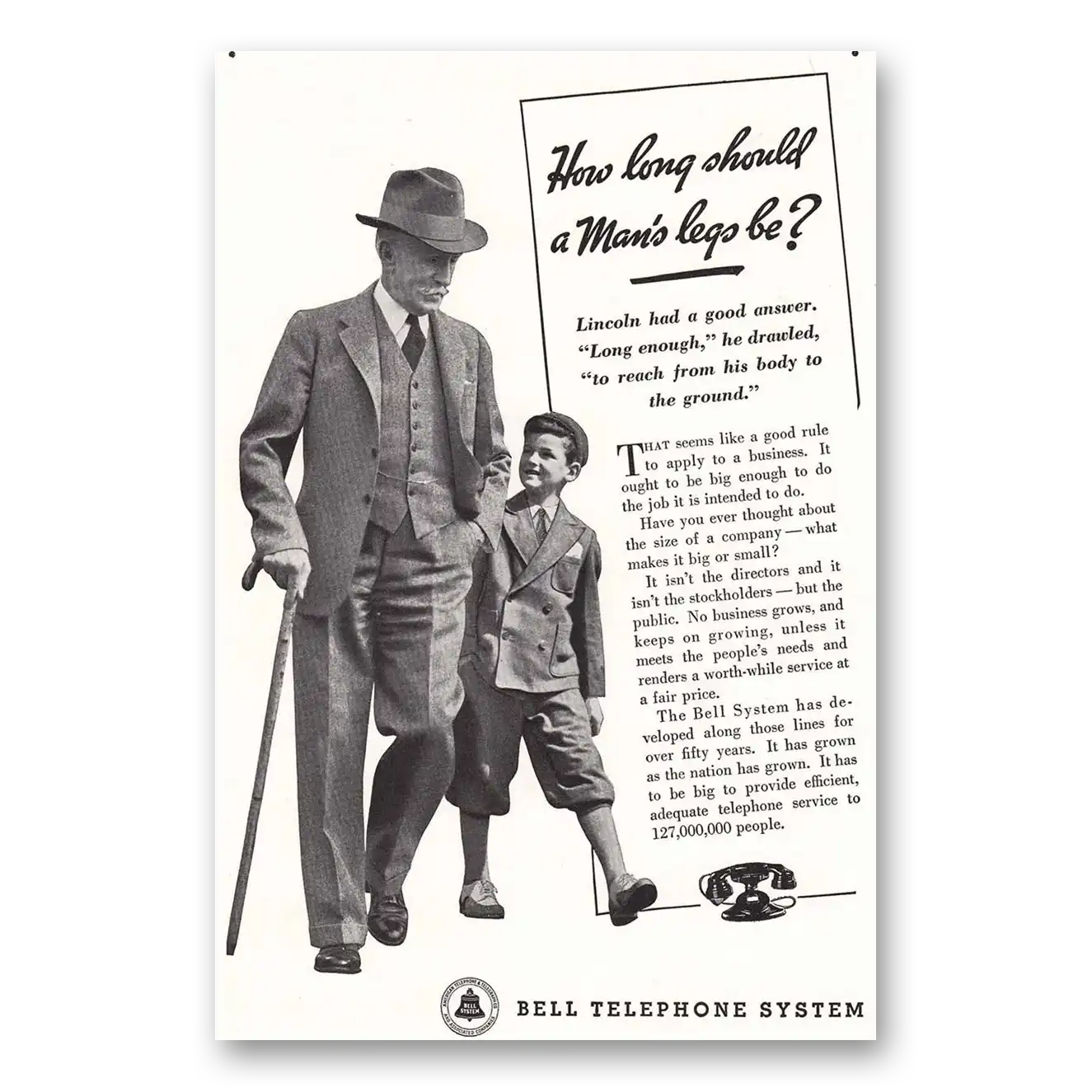 1936 Bell Telephone How Long Should a Mans Legs Be Vintage Magazine Print Ad