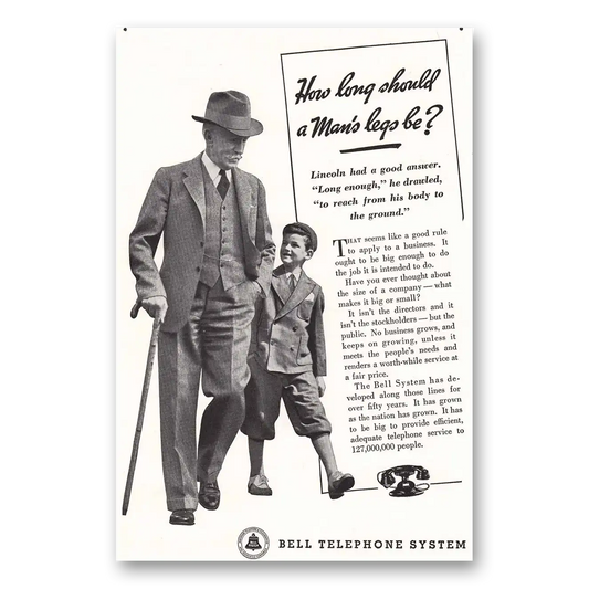 1936 Bell Telephone How Long Should a Mans Legs Be Vintage Magazine Print Ad