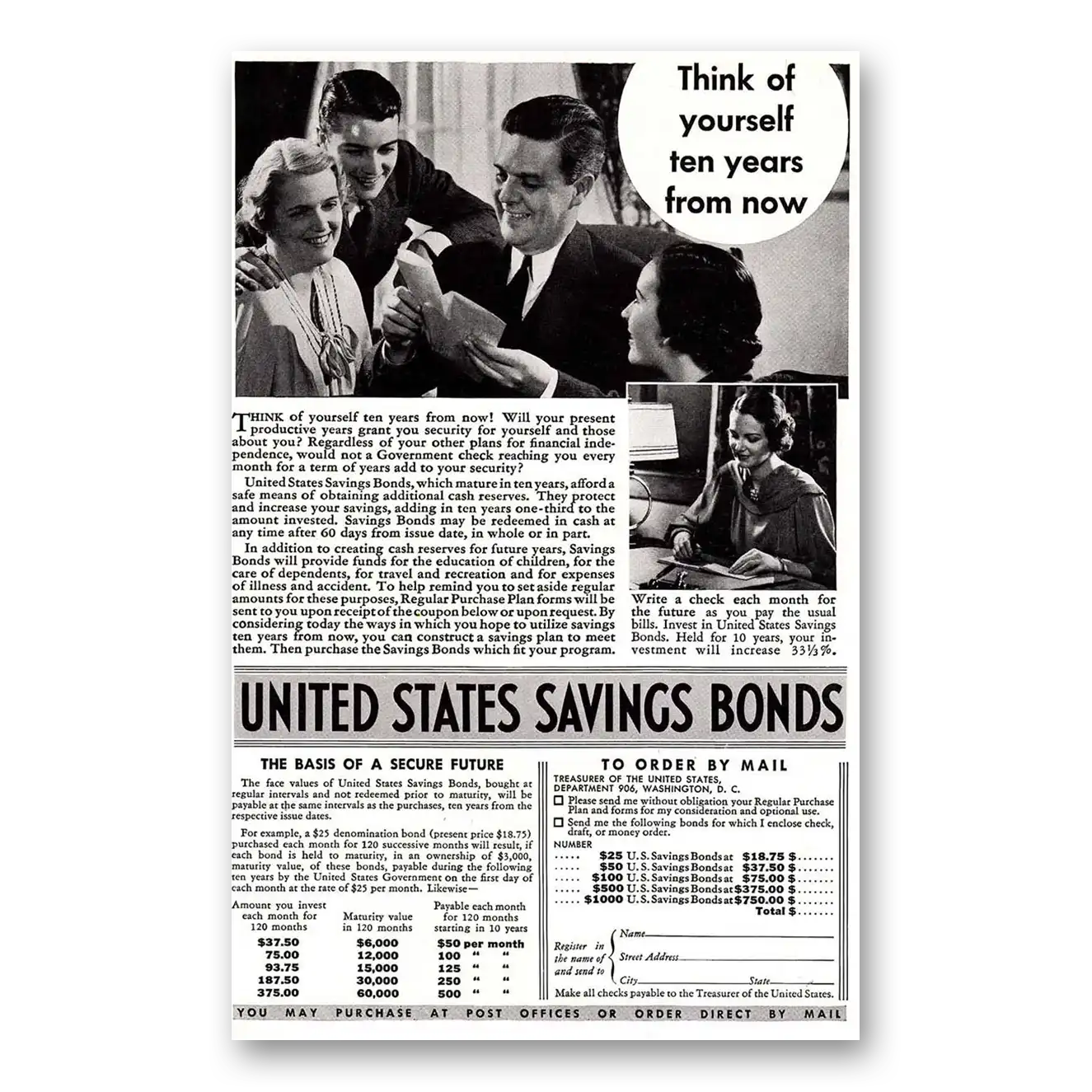 1936 United States Savings Bonds Ten Years from Now Vintage Magazine Print Ad