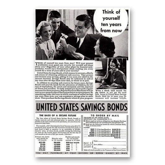 1936 United States Savings Bonds Ten Years from Now Vintage Magazine Print Ad