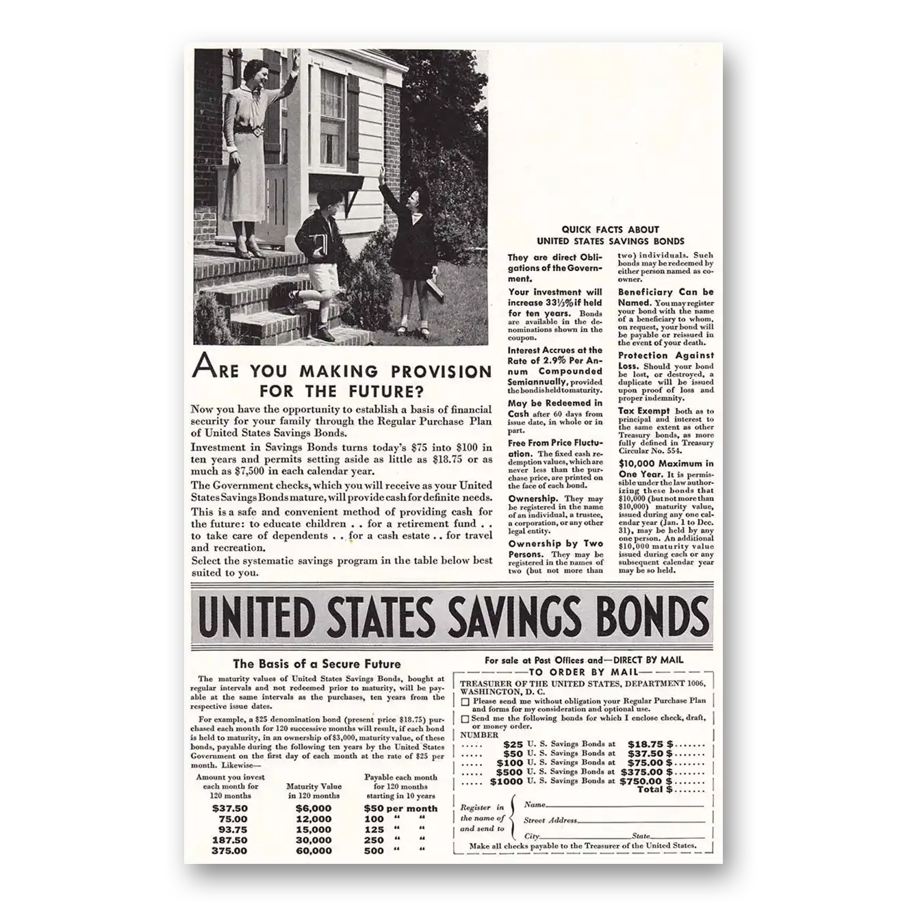 1936 United States Savings Bonds Provision for the Future Vintage Magazine Print Ad