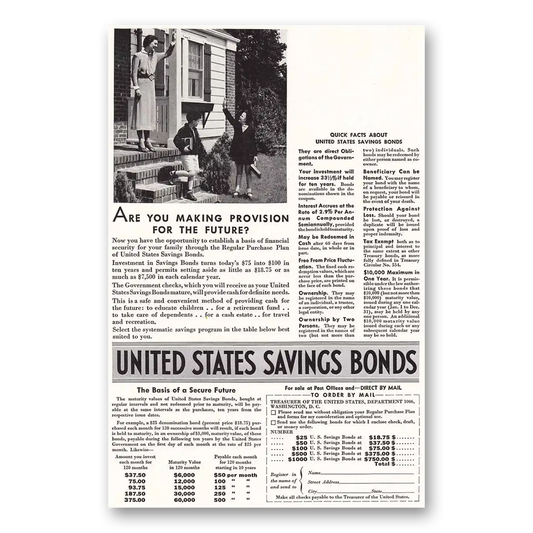 1936 United States Savings Bonds Provision for the Future Vintage Magazine Print Ad