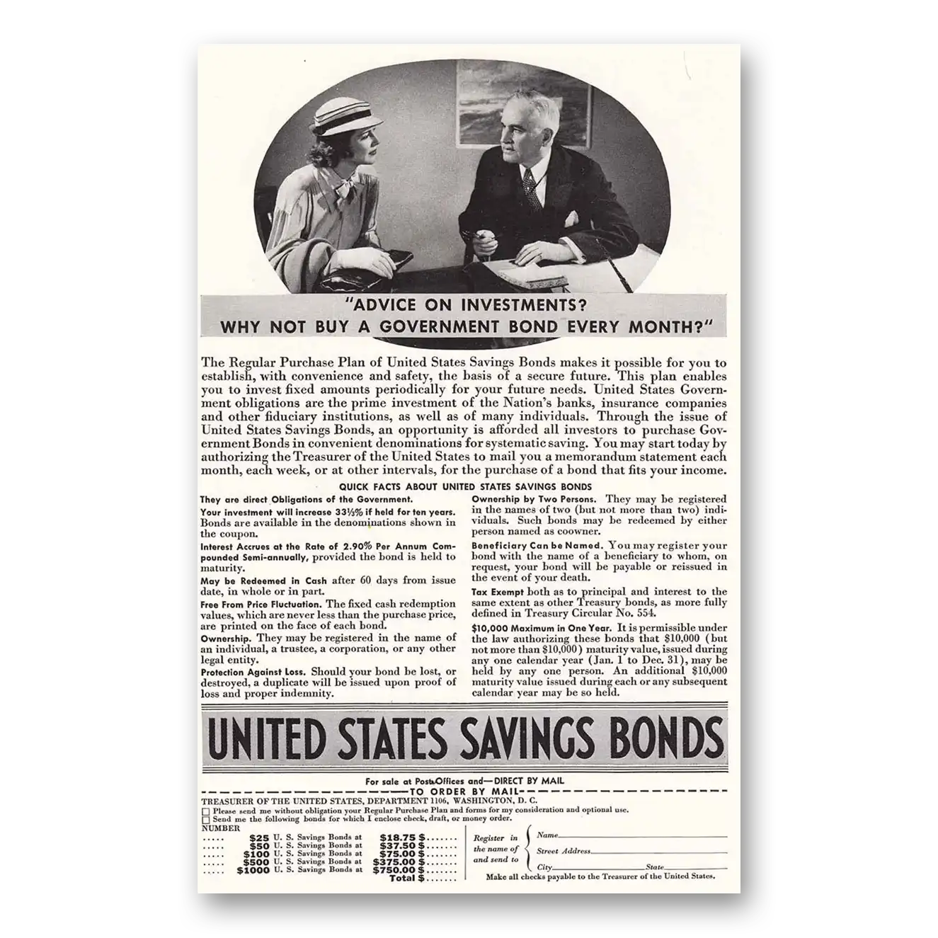 1936 United States Savings Bonds Advice on Investment Vintage Magazine Print Ad