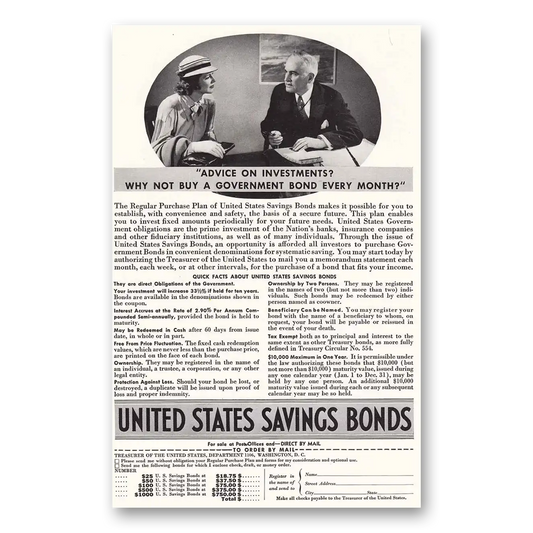 1936 United States Savings Bonds Advice on Investment Vintage Magazine Print Ad