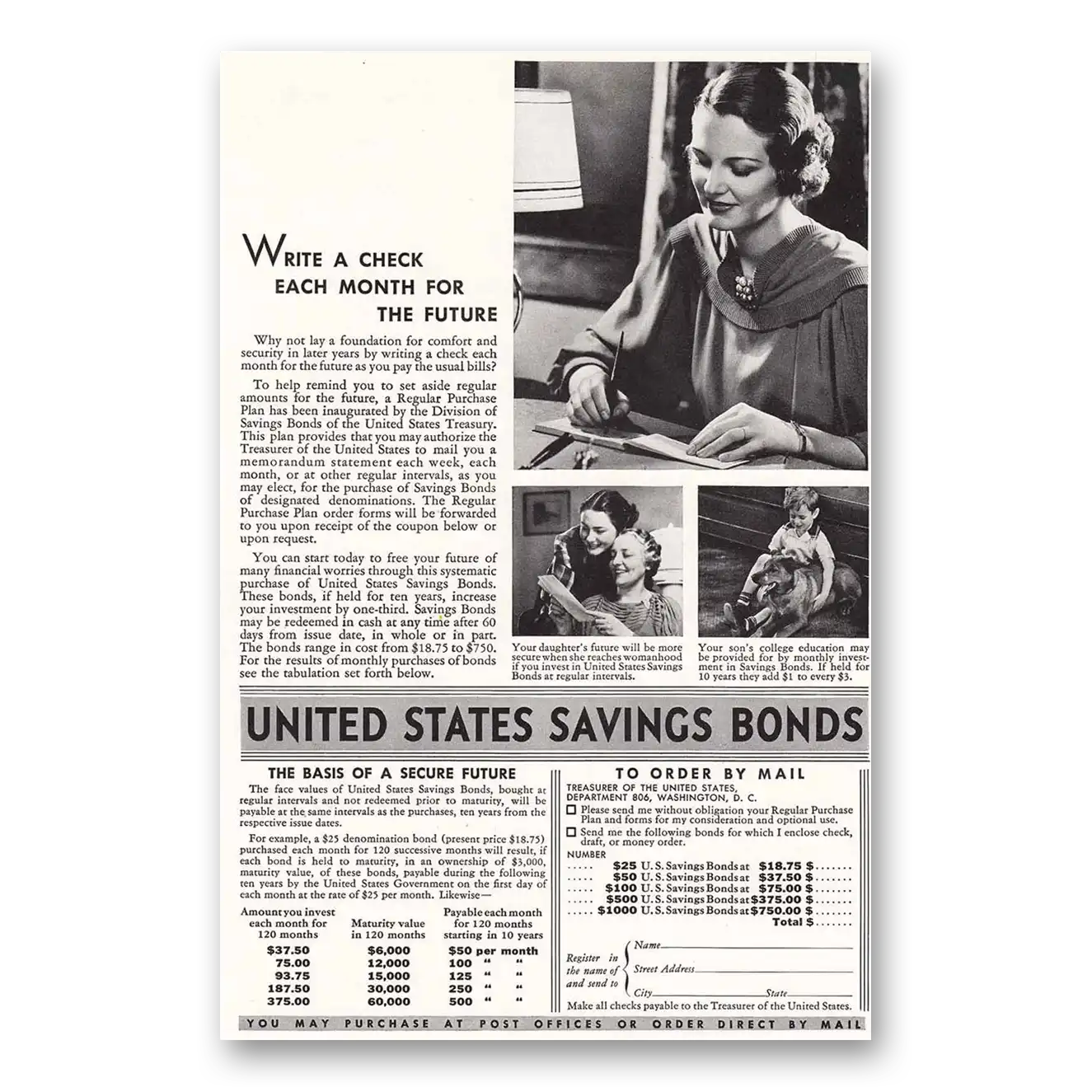 1936 United States Savings Bonds Write a Check Vintage Magazine Print Ad