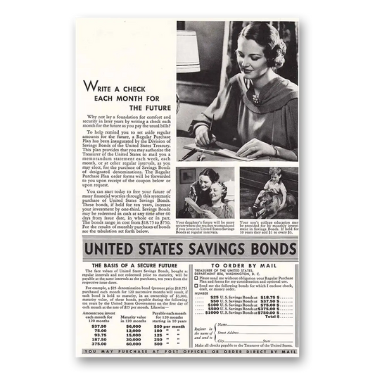 1936 United States Savings Bonds Write a Check Vintage Magazine Print Ad