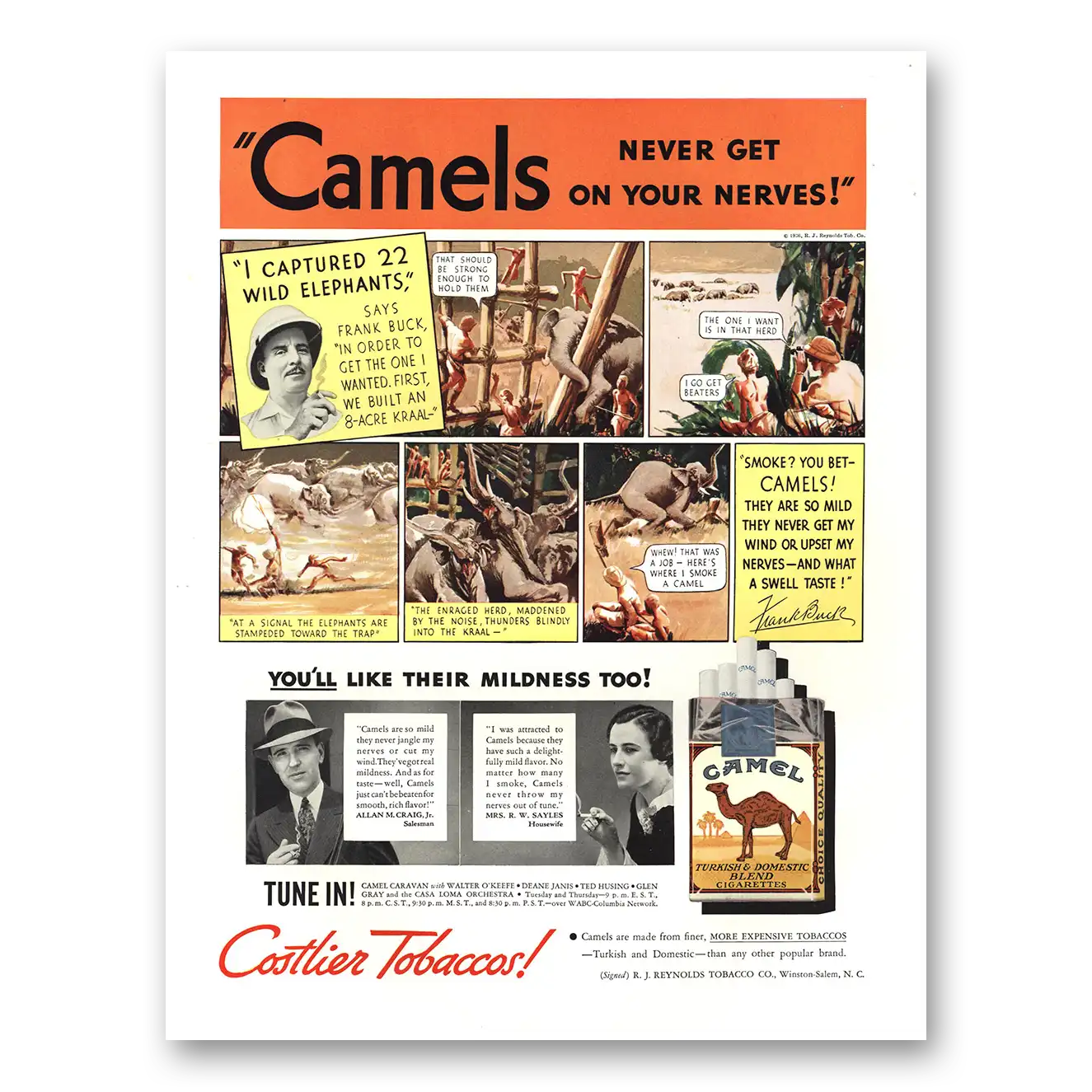 1936 Camel Cigarettes Never Get On Your Nerves Vintage Magazine Print Ad