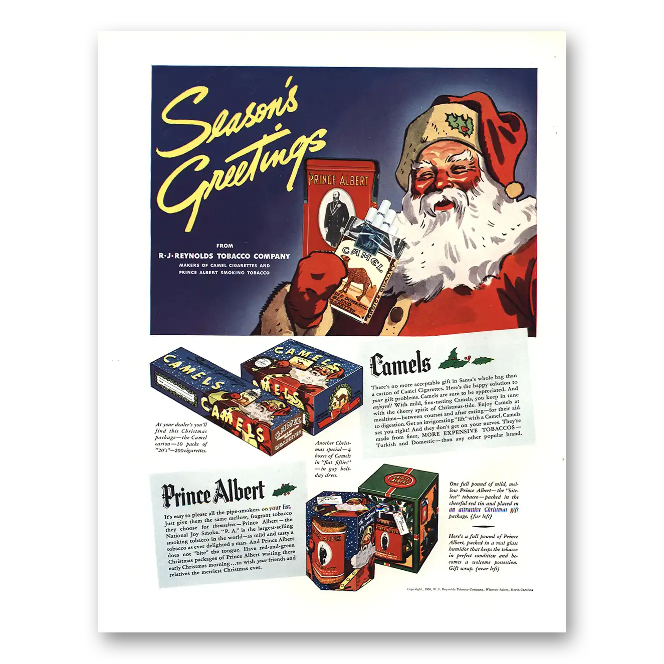 1936 Camel Cigarettes Prince Albert Seasons Greetings Vintage Magazine Print Ad