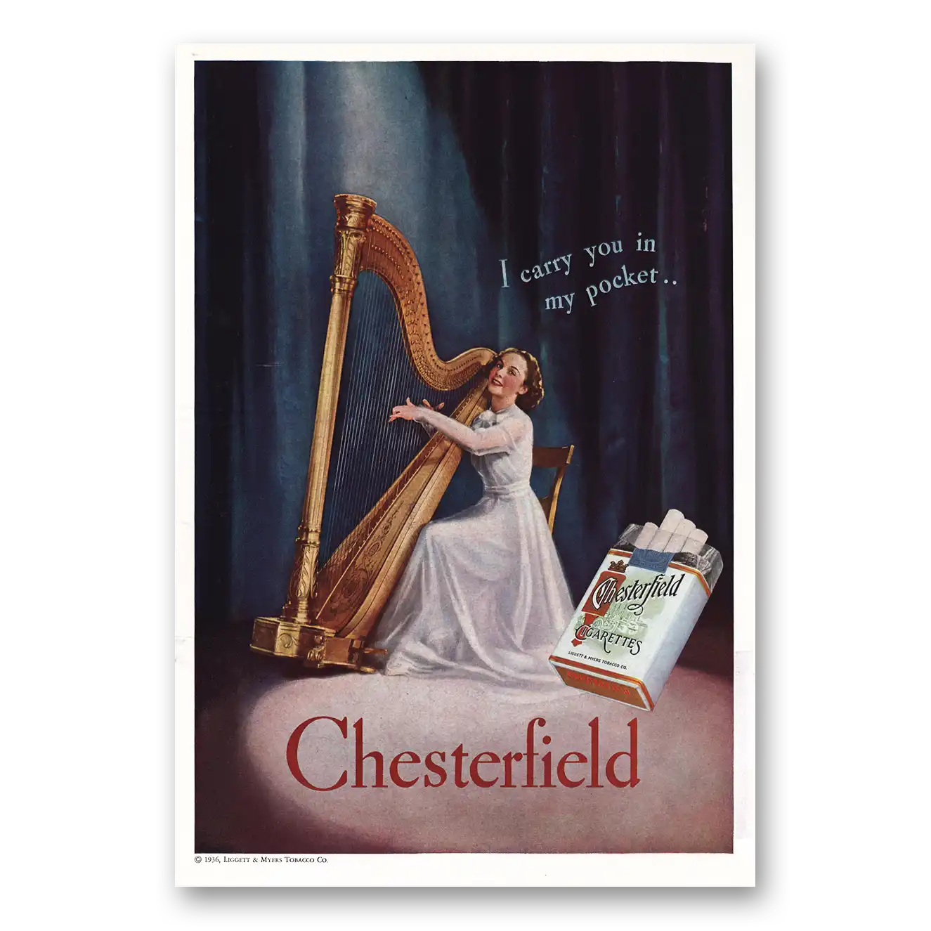 1936 Chesterfield Cigarettes I Carry You In My Pocket Harp Vintage Magazine Print Ad