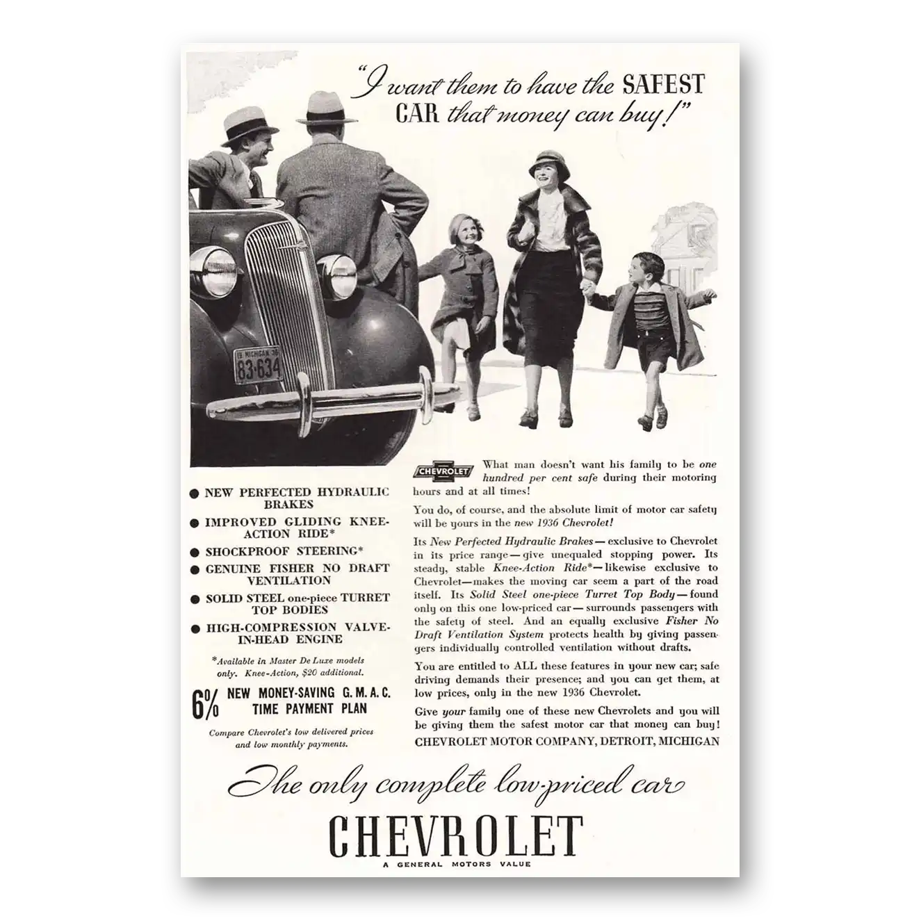 1936 Chevrolet I Want Them to Have the Safest Cars Vintage Magazine Print Ad