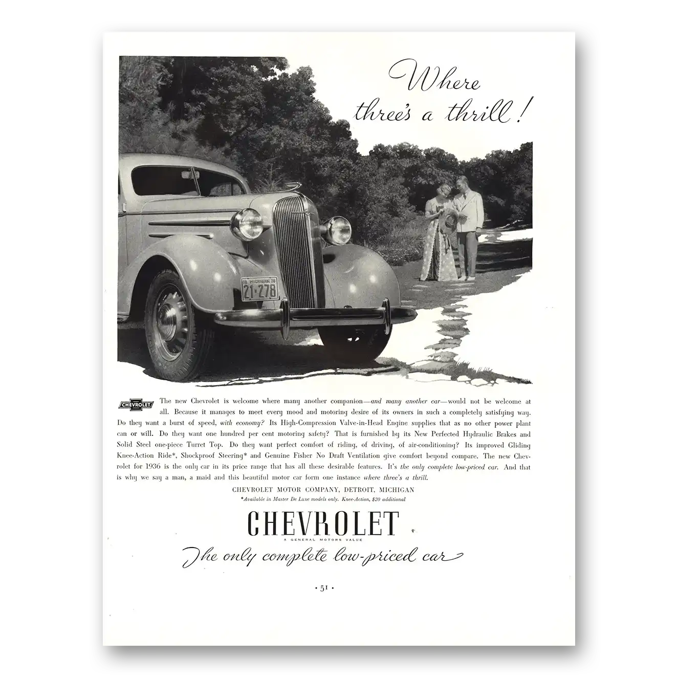 1936 Chevrolet Where Threes a Thrill Vintage Magazine Print Ad