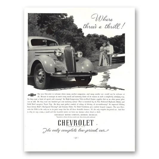 1936 Chevrolet Where Threes a Thrill Vintage Magazine Print Ad