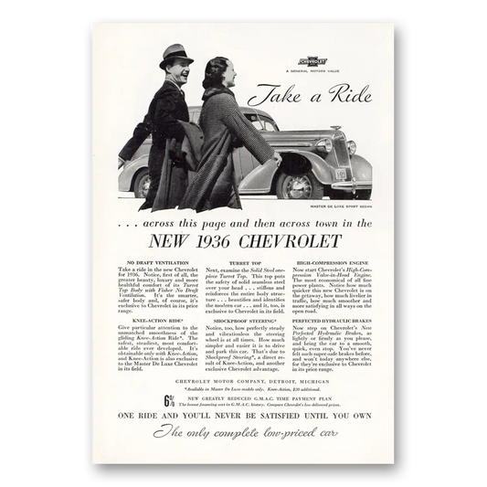 1936 Chevrolet Master De Luxe Take a Ride Vintage Magazine Print Ad