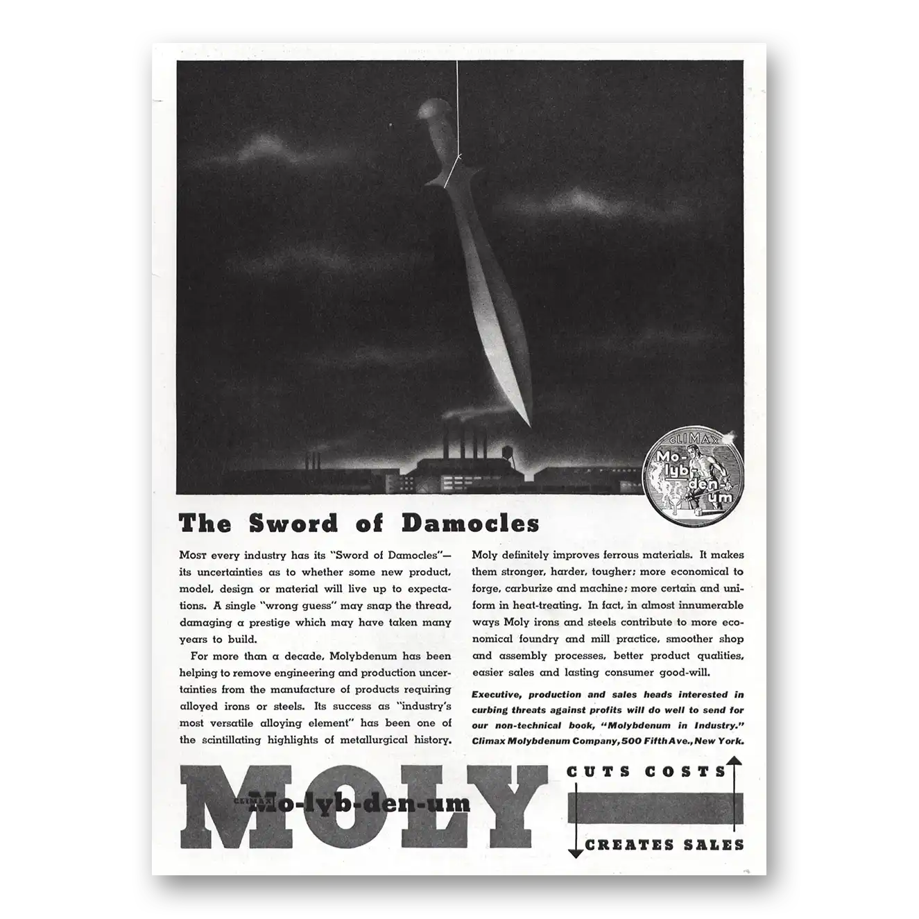 1936 Climax Molybdenum Sword of Damocles Vintage Magazine Print Ad