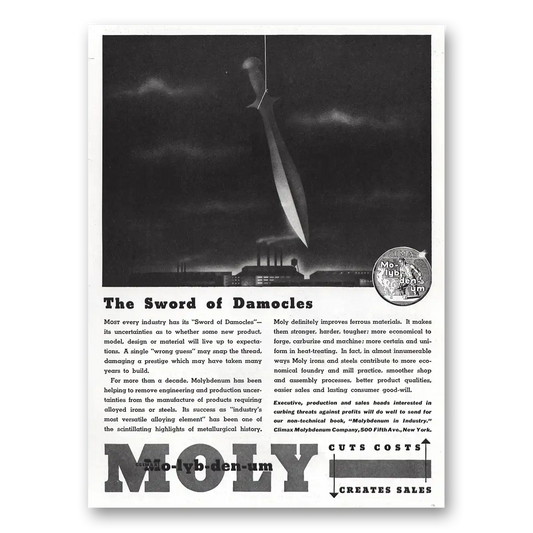 1936 Climax Molybdenum Sword of Damocles Vintage Magazine Print Ad