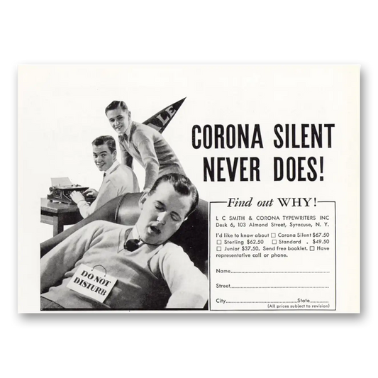 1936 Corona Typewriter Silent Never Does Vintage Magazine Print Ad