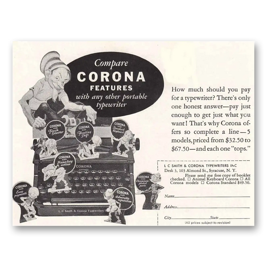 1936 Corona Typewriter Compare Corona Vintage Magazine Print Ad