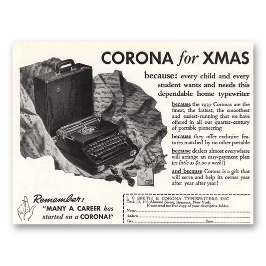 1936 Corona Typewriter Christmas Vintage Magazine Print Ad