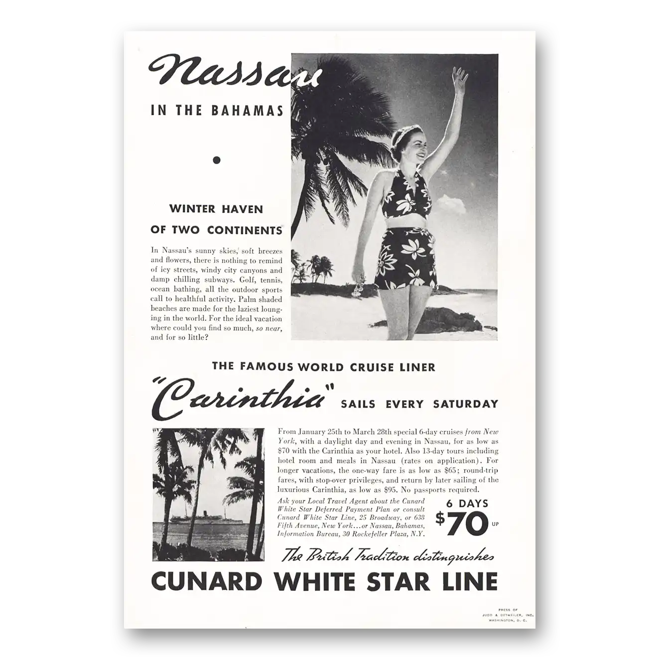 1936 Cunard White Star Carinthia Sails Every Saturday Bahamas Vintage Magazine Print Ad