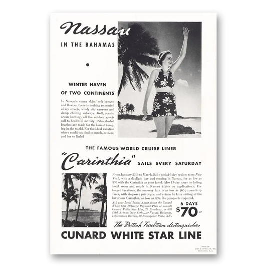 1936 Cunard White Star Carinthia Sails Every Saturday Bahamas Vintage Magazine Print Ad