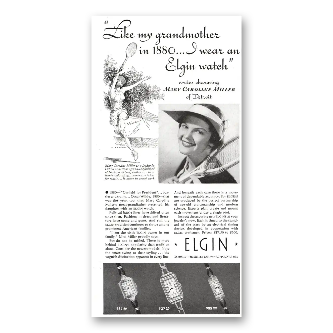 1936 Elgin Watch Like My Grandmother in 1880 Vintage Magazine Print Ad