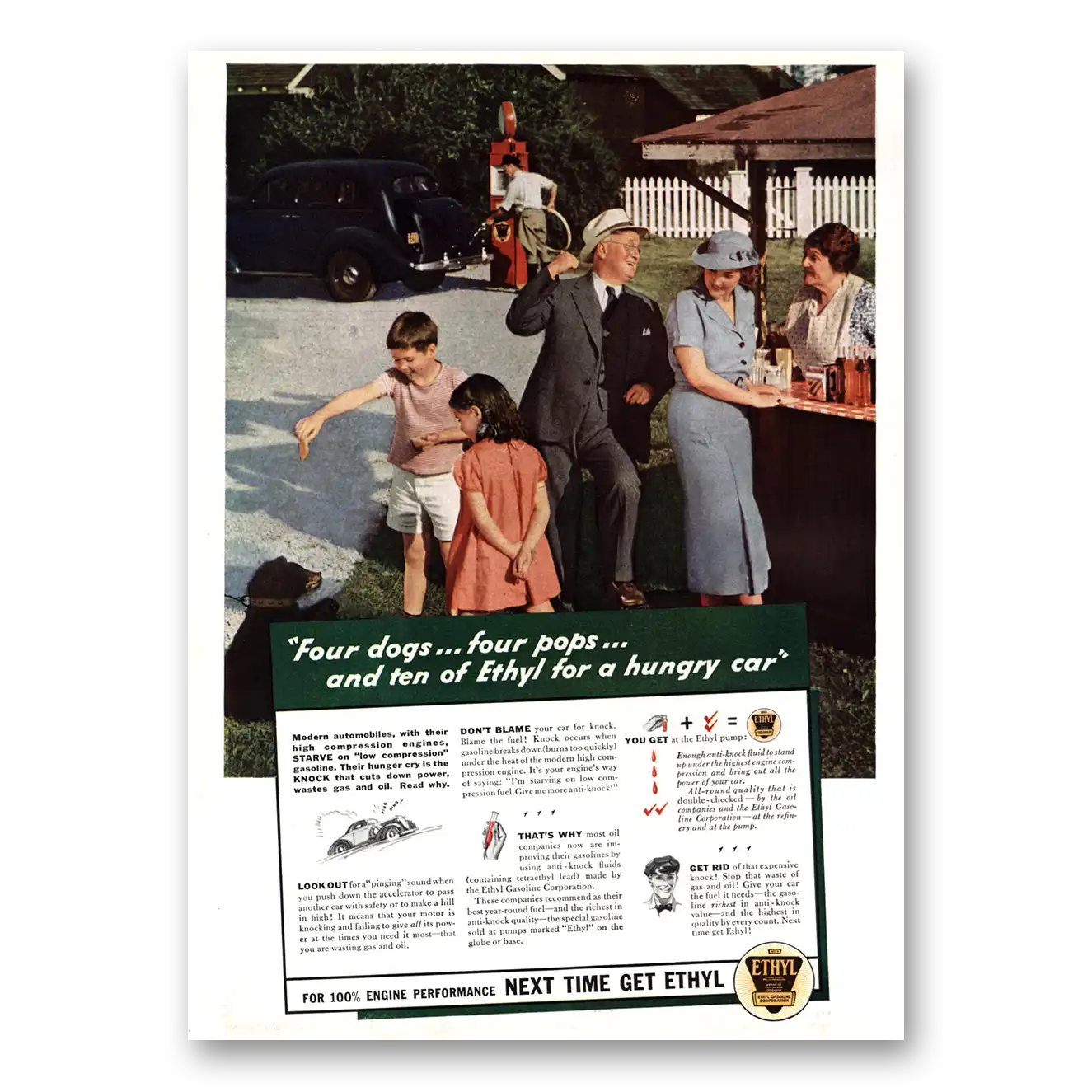 1936 Ethyl Gasoline Four Dogs Four Pops Vintage Magazine Print Ad