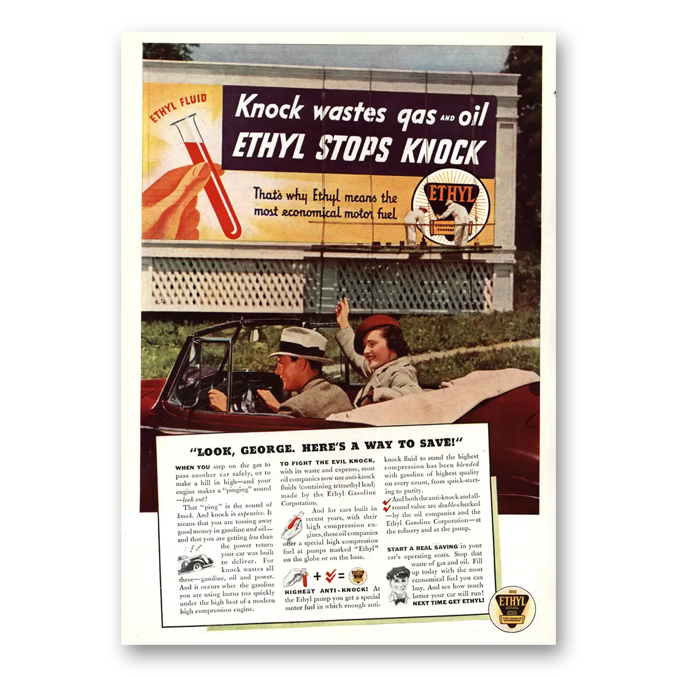 1936 Ethyl Gasoline Knock Wastes Gas Vintage Magazine Print Ad