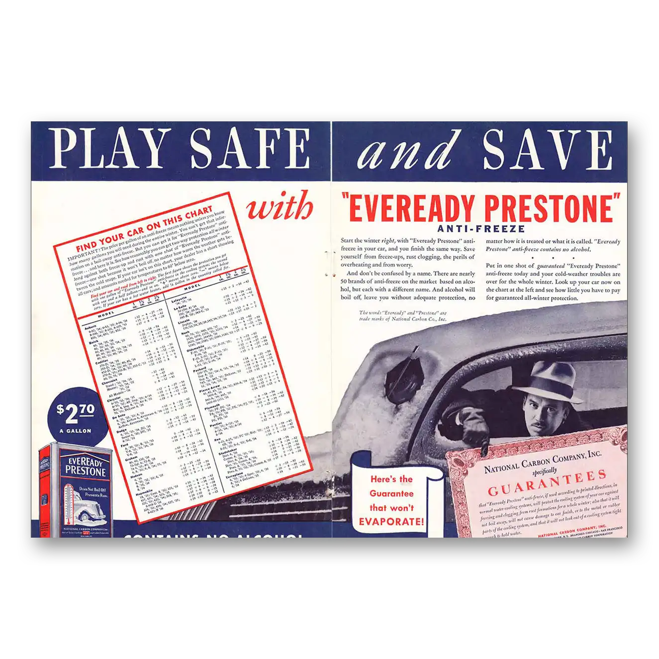 1936 Eveready Prestone Anti Freeze Play Safe and Save Vintage Magazine Print Ad