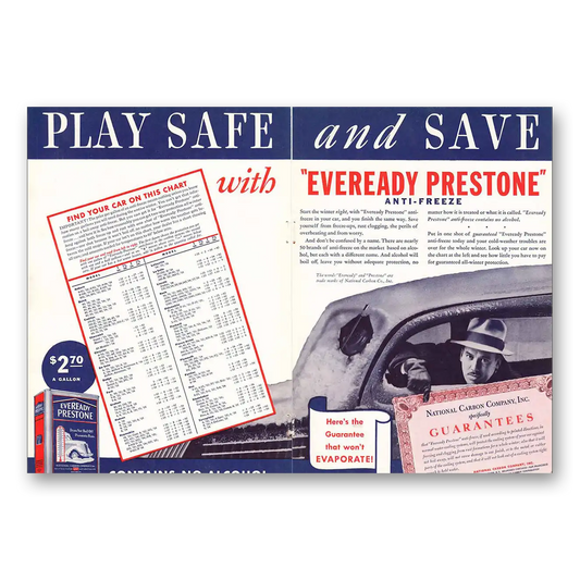 1936 Eveready Prestone Anti Freeze Play Safe and Save Vintage Magazine Print Ad