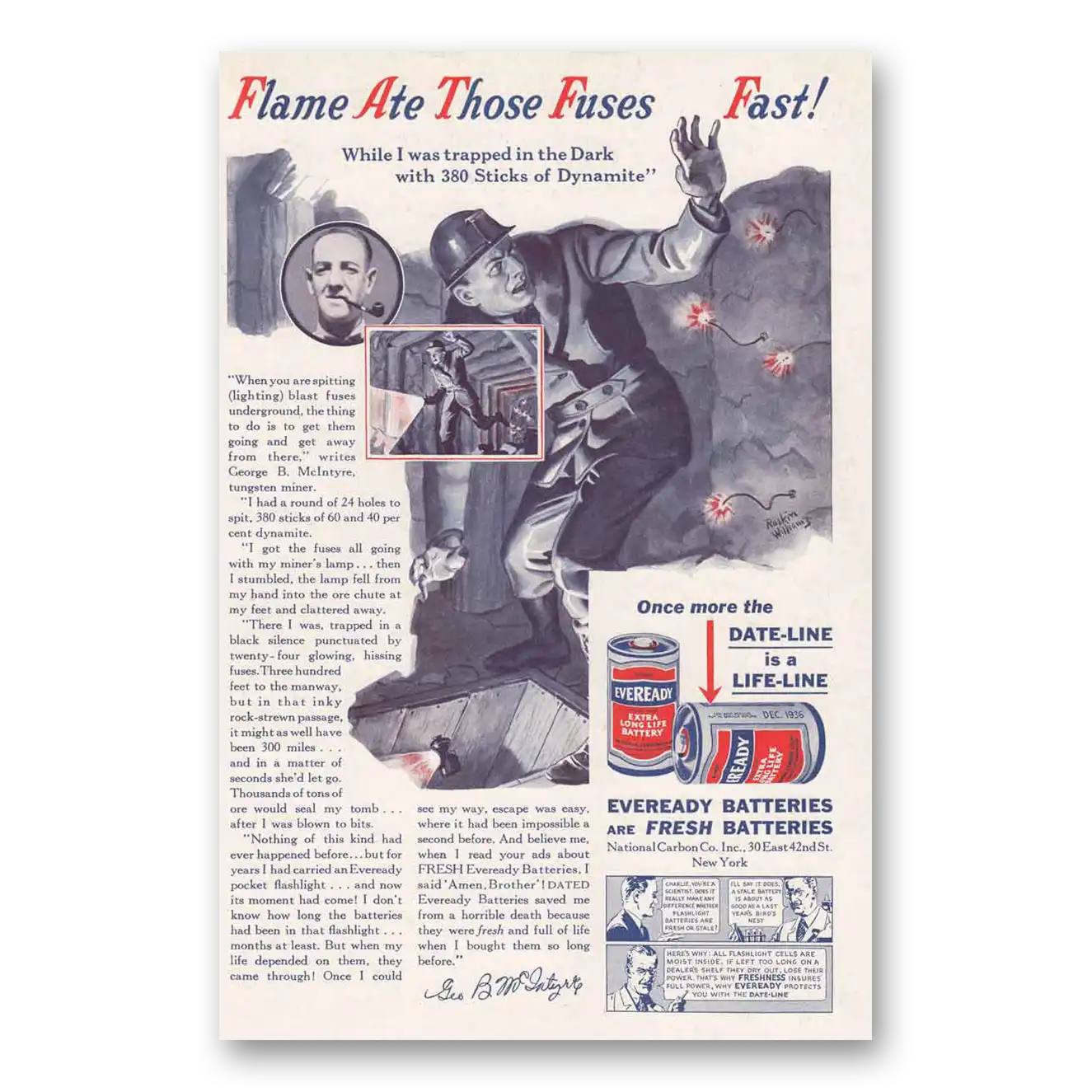 1936 Eveready Batteries Flame Ate Those Fuses Vintage Magazine Print Ad