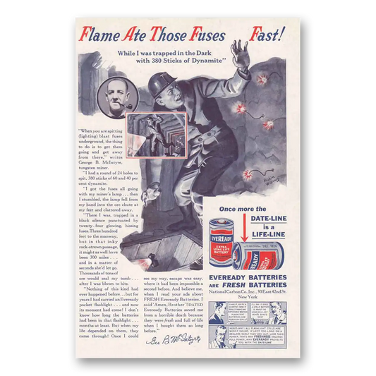 1936 Eveready Batteries Flame Ate Those Fuses Vintage Magazine Print Ad