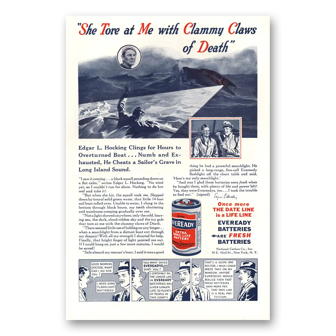 1936 Eveready Batteries She Tore at Me Clammy Claws Vintage Magazine Print Ad