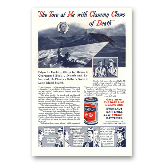 1936 Eveready Batteries She Tore at Me Clammy Claws Vintage Magazine Print Ad