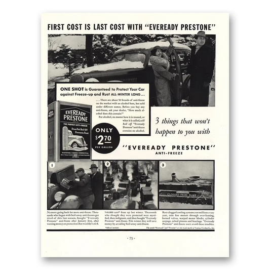 1936 Eveready Prestone First Cost Is Last Cost Vintage Magazine Print Ad