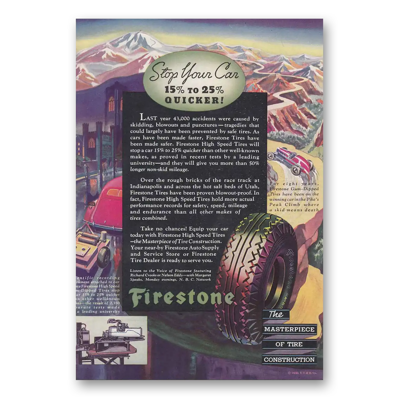 1936 Firestone Tires Stop Your Car 15% to 25% Quicker Vintage Magazine Print Ad