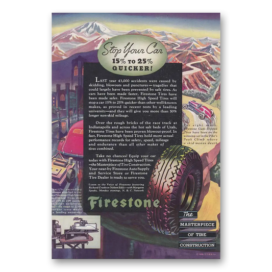 1936 Firestone Tires Stop Your Car 15% to 25% Quicker Vintage Magazine Print Ad