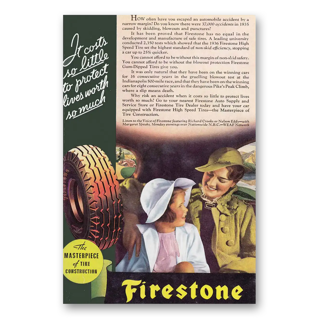 1936 Firestone Tires Costs So Little Vintage Magazine Print Ad