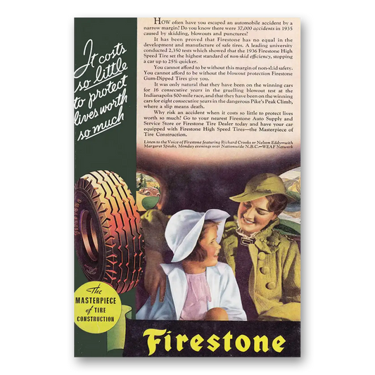 1936 Firestone Tires Costs So Little Vintage Magazine Print Ad