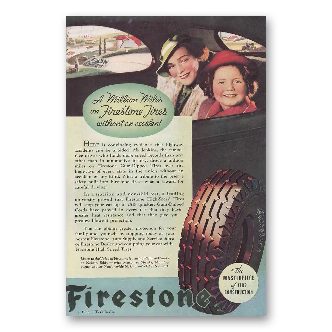 1936 Firestone Tires Million Miles Vintage Magazine Print Ad