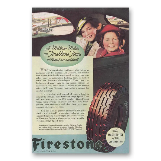 1936 Firestone Tires Million Miles Vintage Magazine Print Ad