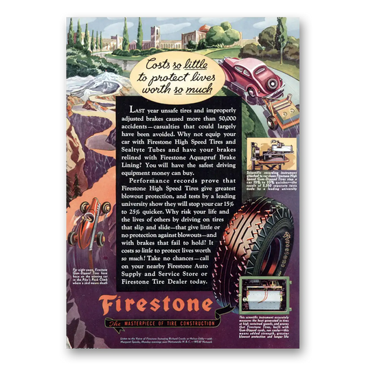 1936 Firestone Tires Costs So Little to Protect Lives Vintage Magazine Print Ad