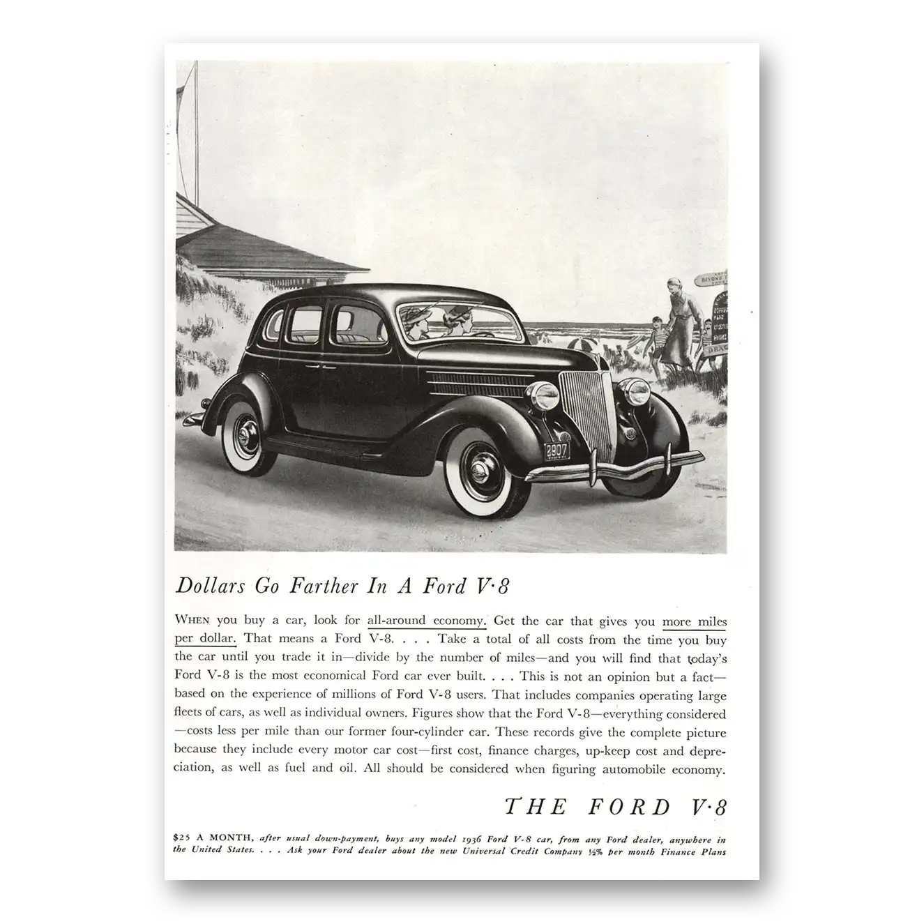 1936 Ford V8 Dollars Go Farther Vintage Magazine Print Ad