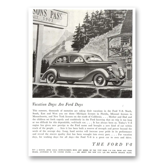 1936 Ford V8 Vacation Days are Ford Days Vintage Magazine Print Ad