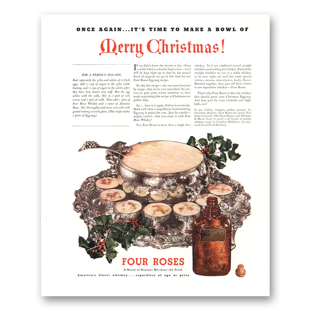 1936 Four Roses Make Bowl of Merry Christmas Vintage Magazine Print Ad