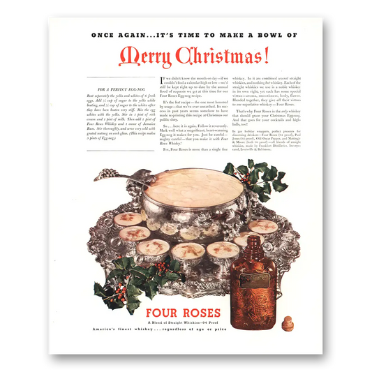 1936 Four Roses Make Bowl of Merry Christmas Vintage Magazine Print Ad