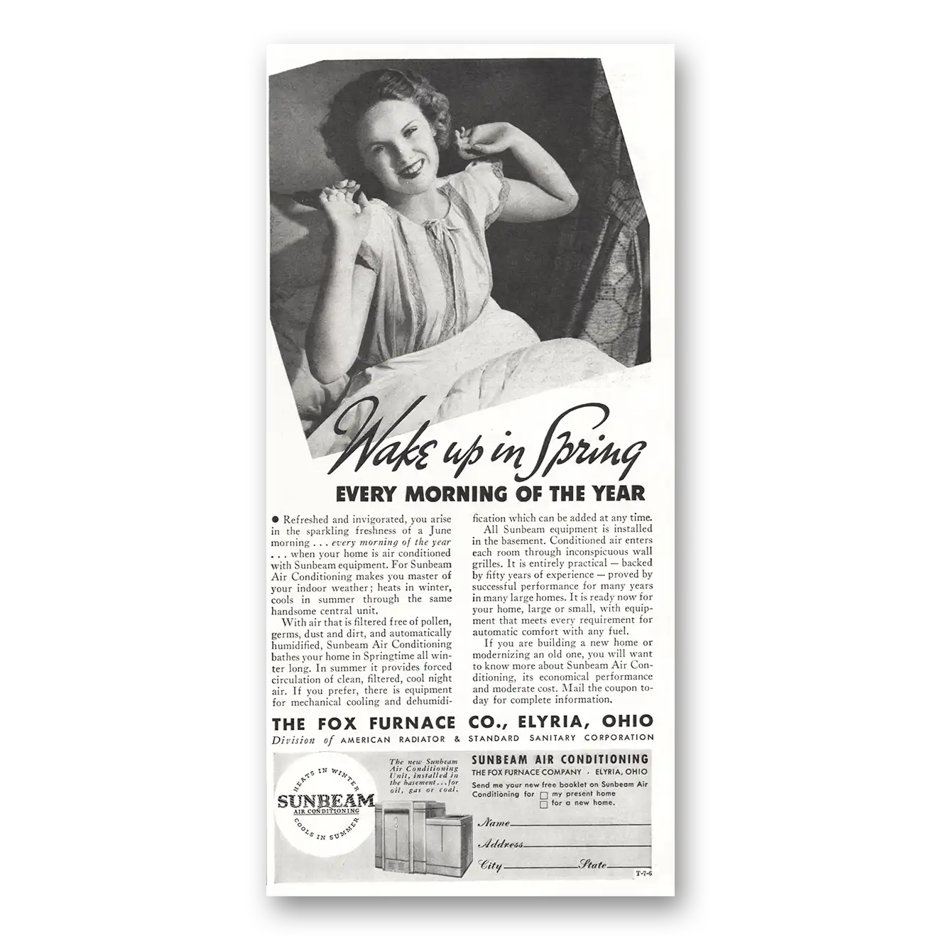 1936 Fox Furnace Wake Up In Spring Every Morning Vintage Magazine Print Ad