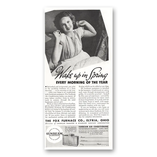 1936 Fox Furnace Wake Up In Spring Every Morning Vintage Magazine Print Ad