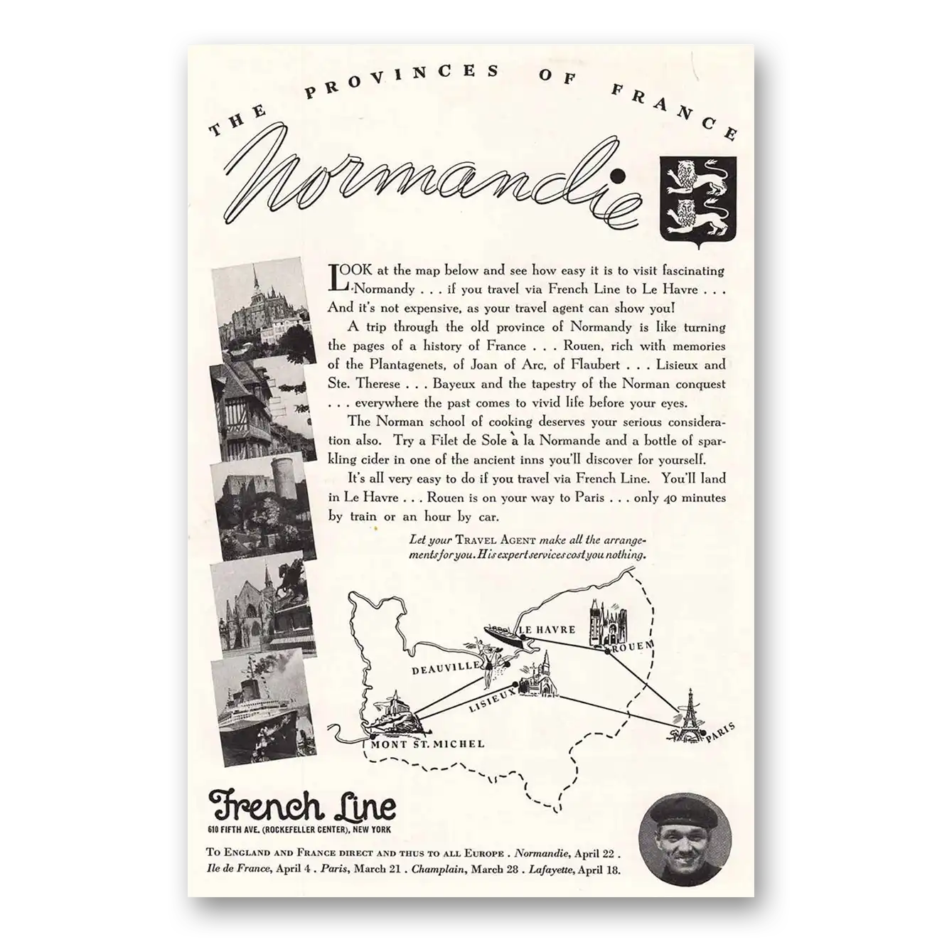 1936 French Line Normandie Look at the Map Vintage Magazine Print Ad